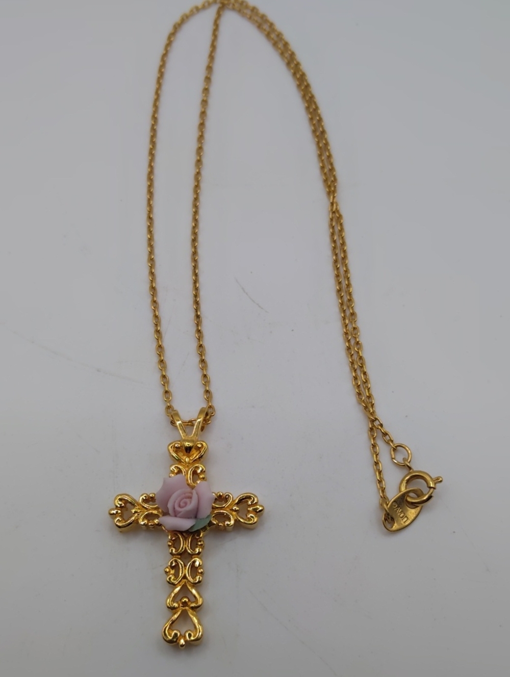 Avon Heart Cross With a Pink Porcelain Rose